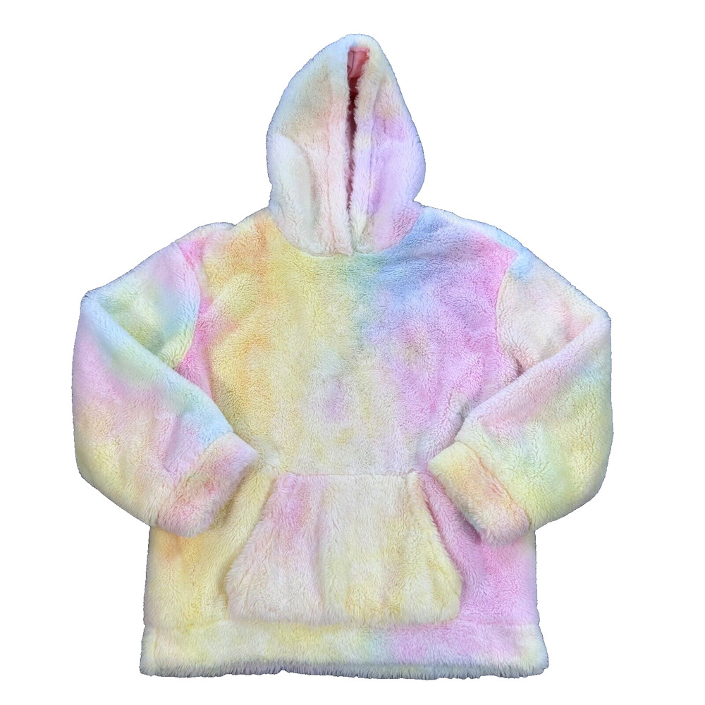 Hayden Girls Fuzzy Hoodie Size Large Pink Yellow Tie-Dye Soft Jacket Pocket